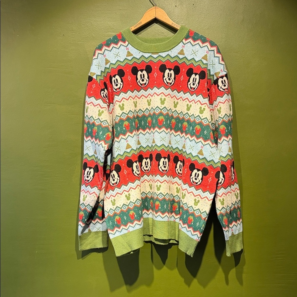 Disney Parks Mickey Mouse Patterned Holiday Sweater - Red, Green, White
